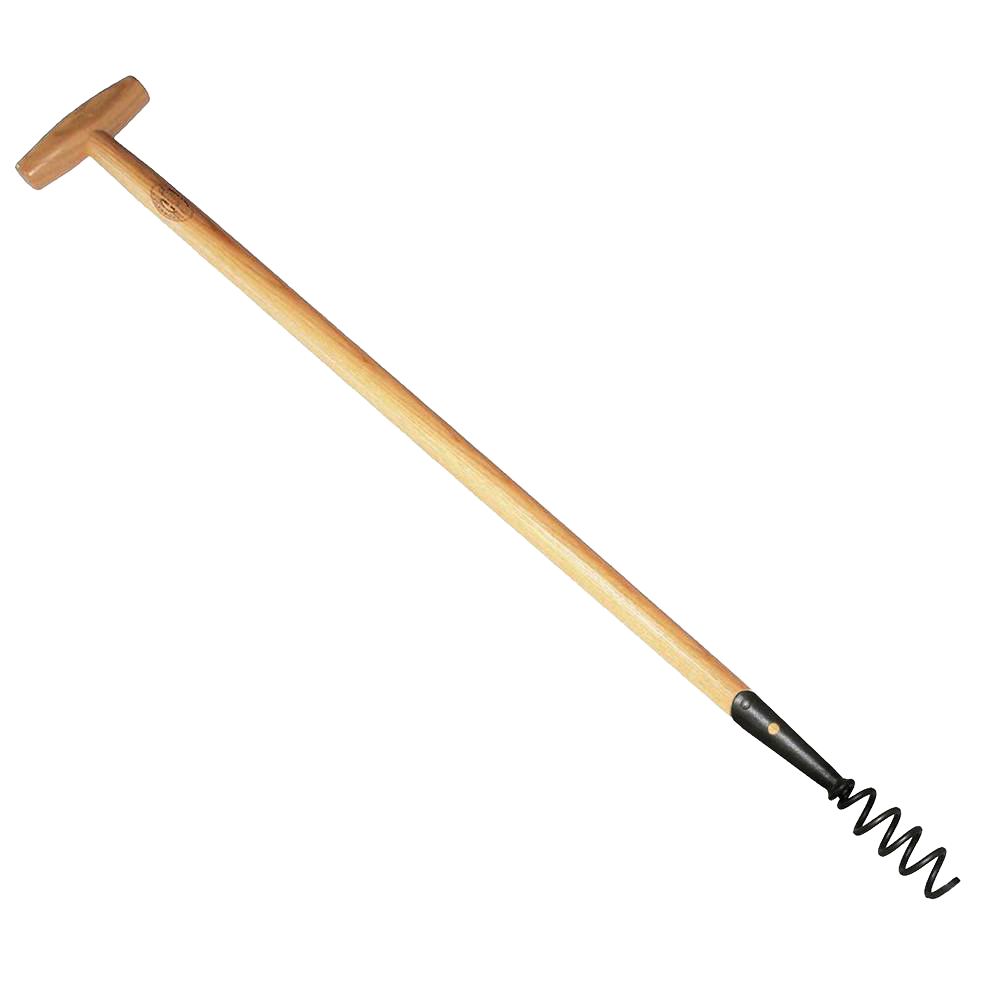 Long-handled corkscrew-style weeder with a wooden shaft and T-shaped grip, handcrafted for effective root removal in Farm, Garden & Tool, Digging and Cultivating, Best Sellers, and Promo Eligible collections.