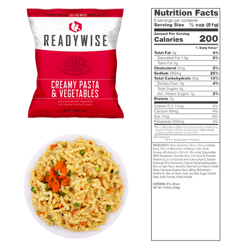Red and white ReadyWise package of creamy pasta and vegetables freeze-dried meal with a prepared serving shown on a white plate, accompanied by a detailed nutrition facts label, suitable for emergency supplies, pantry, and USA Made collections.