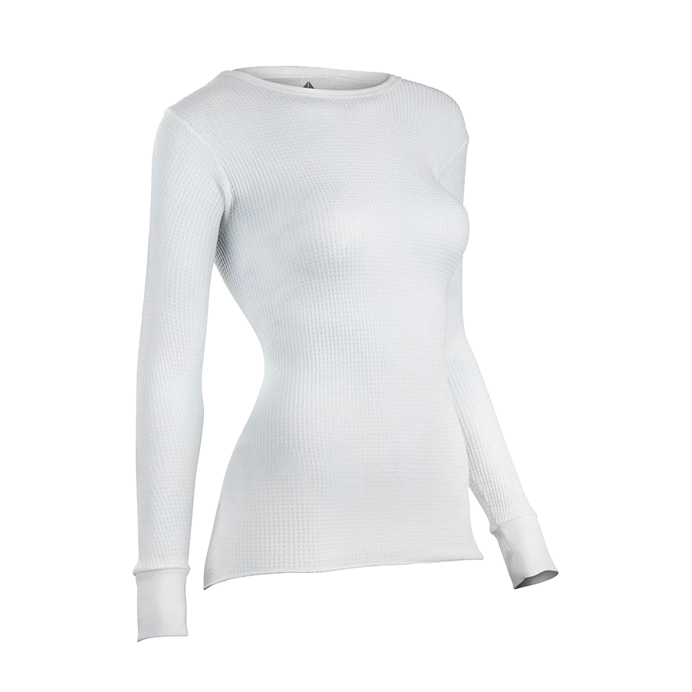 Handcrafted white cotton-rich circular waffle knit thermal shirt with long sleeves, designed for warmth and comfort, featured in Health & Wellness, Clothing and Accessories, Best Sellers, and Promo Eligible collections.