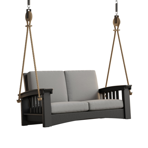 Mission Lounge 6 ft rope swing featuring sturdy black painted cypress frame, thick gray cushions, and durable rope suspension, handcrafted in Amish Country, part of Home & Decor, Outdoor Furniture, USA Made, Amish Made, Best Sellers, and Promo Eligible collections.