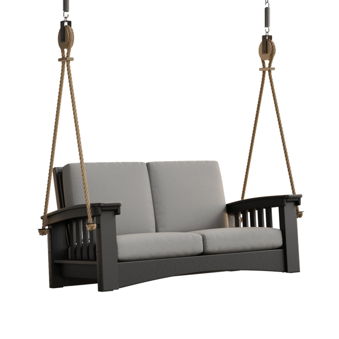 Mission Lounge 6 ft rope swing featuring sturdy black painted cypress frame, thick gray cushions, and durable rope suspension, handcrafted in Amish Country, part of Home & Decor, Outdoor Furniture, USA Made, Amish Made, Best Sellers, and Promo Eligible collections.