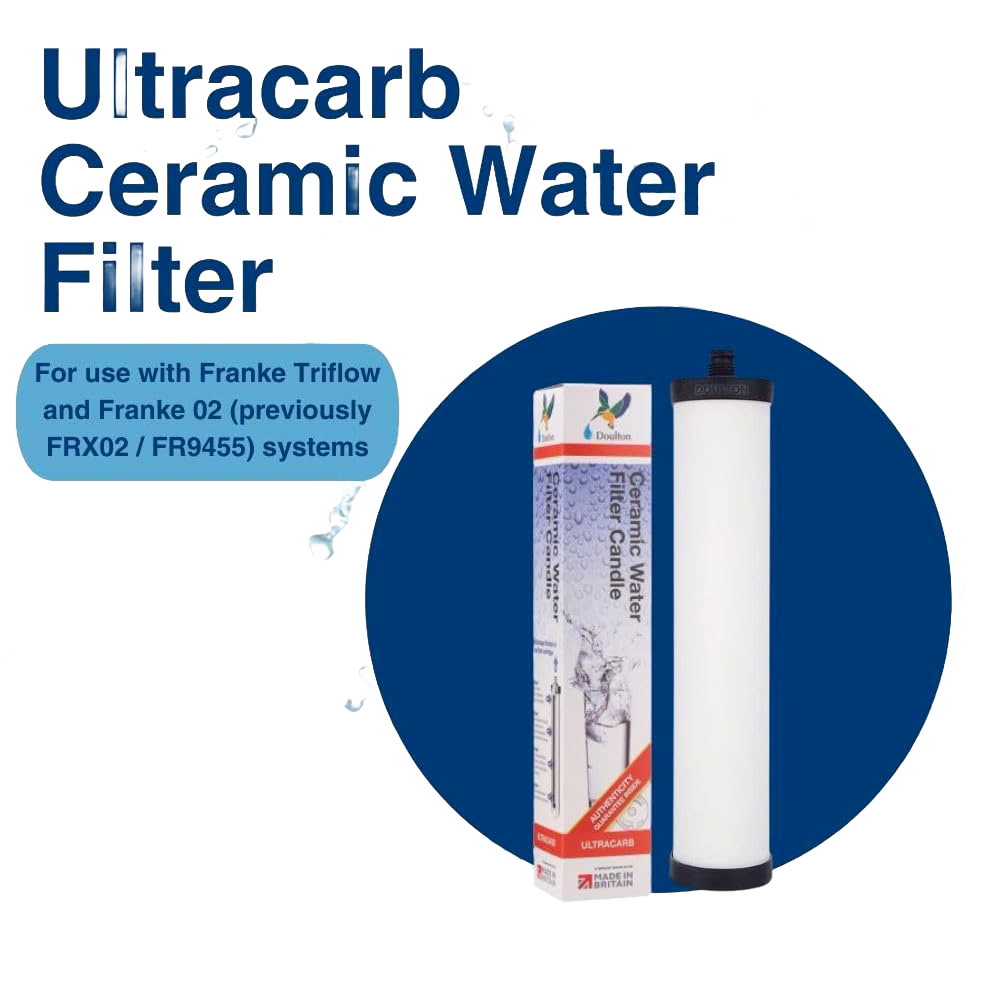 Replacement ceramic water filter element designed to reduce chlorine, bacteria, cysts, sediment, and heavy metals, compatible with Franke systems, ideal for water treatment and emergency supplies.