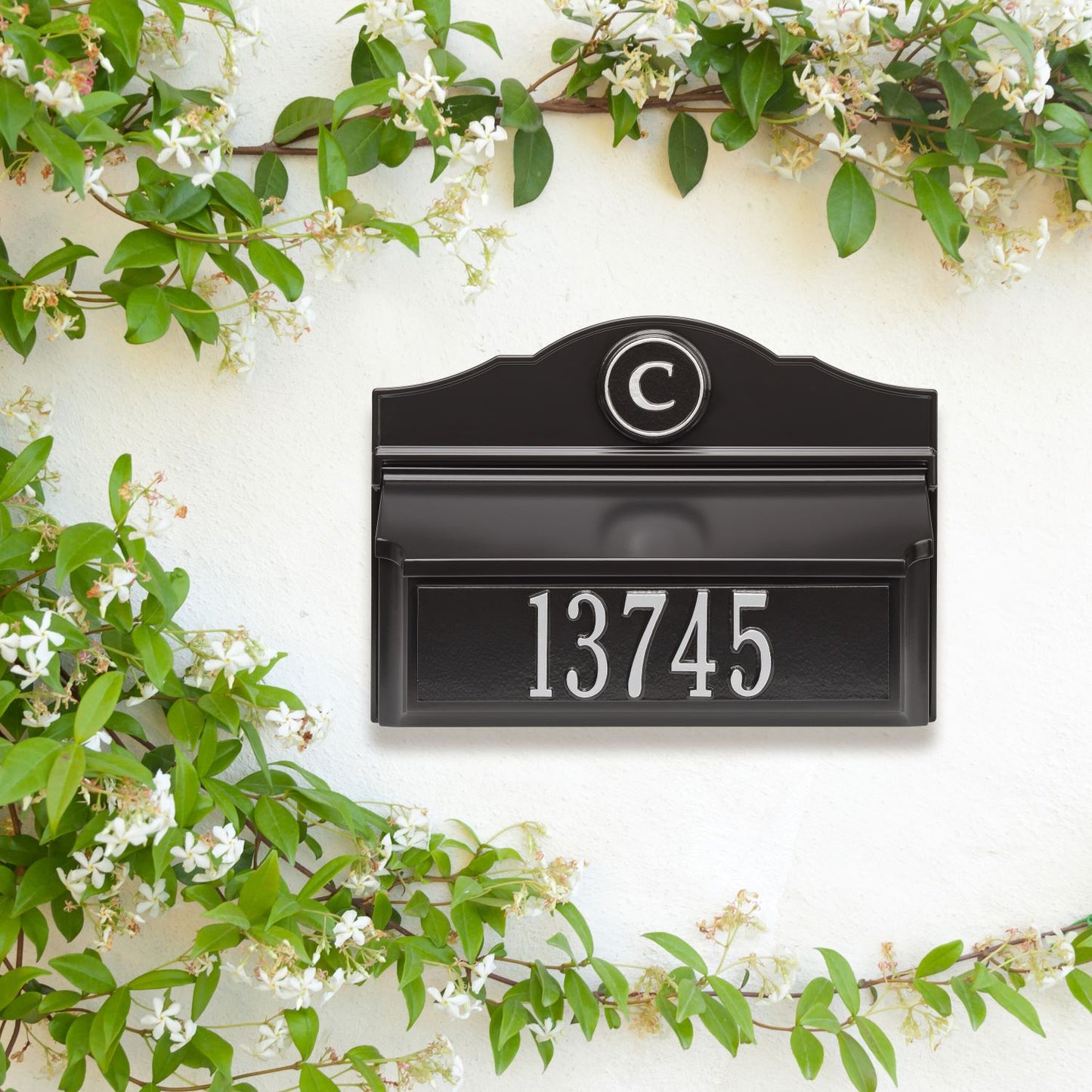 Handcrafted black and silver wall mount mailbox featuring a raised monogram letter and white house number, made in USA, enhancing curb appeal in Home & Decor and Mailboxes and Address Signs collections.
