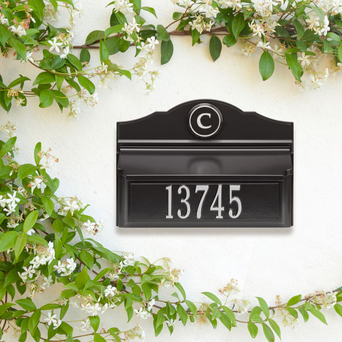 Handcrafted black and silver wall mount mailbox featuring a raised monogram letter and white house number, made in USA, enhancing curb appeal in Home & Decor and Mailboxes and Address Signs collections.