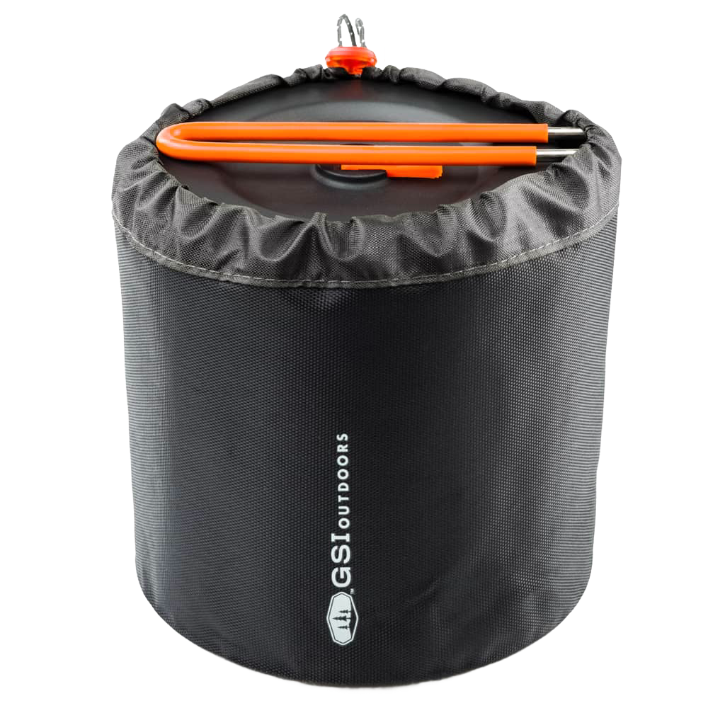 Compact black drawstring storage bag with orange camping utensils on top, designed for outdoor use, featured in Farm, Garden & Tool, Camping, Best Sellers, and Promo Eligible collections.
