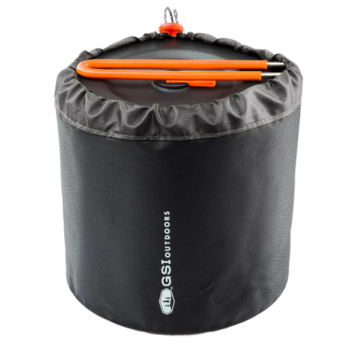 Compact black drawstring storage bag with orange camping utensils on top, designed for outdoor use, featured in Farm, Garden & Tool, Camping, Best Sellers, and Promo Eligible collections.
