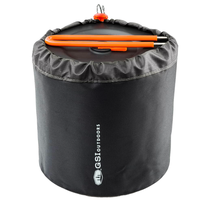 Compact black drawstring storage bag with orange camping utensils on top, designed for outdoor use, featured in Farm, Garden & Tool, Camping, Best Sellers, and Promo Eligible collections.