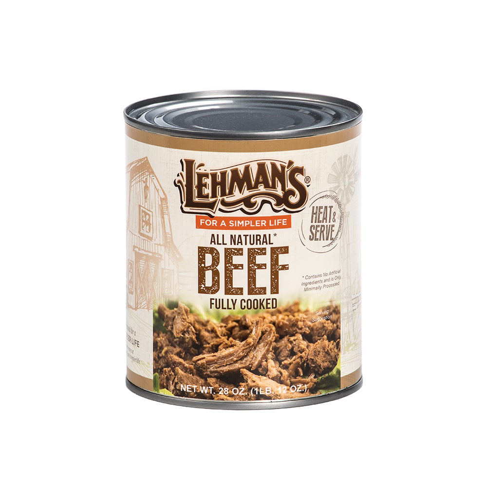 Handcrafted fully cooked all natural shredded beef in a rustic can featuring farm-inspired illustrations, perfect for Farm, Garden & Tool, Kitchen & Food, Emergency Supplies, Food, Meats, Best Sellers, and Promo Eligible collections.