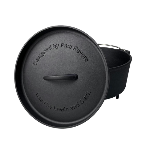 Handcrafted nitrided cast iron camp Dutch oven with lid featuring historic engraving, designed for durable outdoor cooking in Farm, Garden & Tool, Camping, Cookware, Cast Iron, and Best Sellers collections.