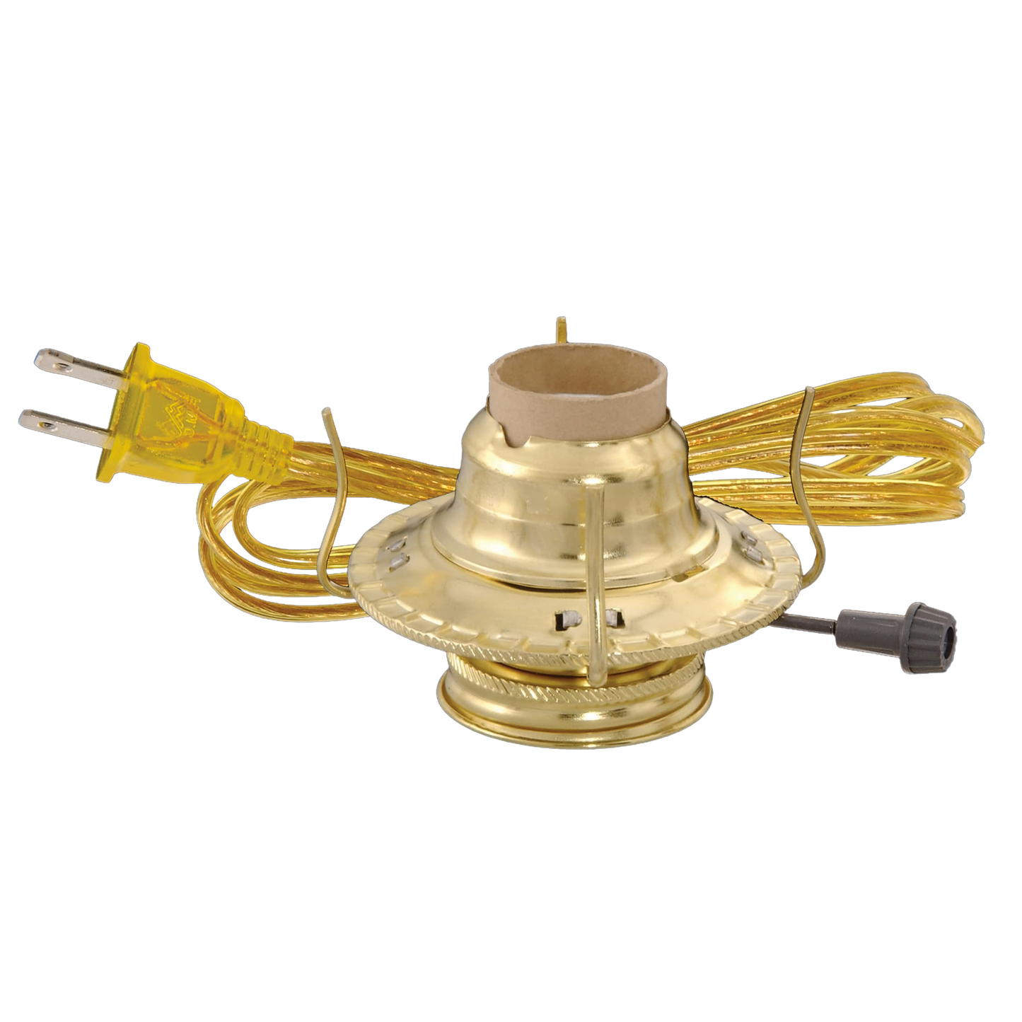 Handcrafted brass plated electrified burner with removable screw-on collar and UL listed 6 ft. clear gold cord, fits most #2 collars, ideal for Lamps & Lighting and Electric Conversion collections.