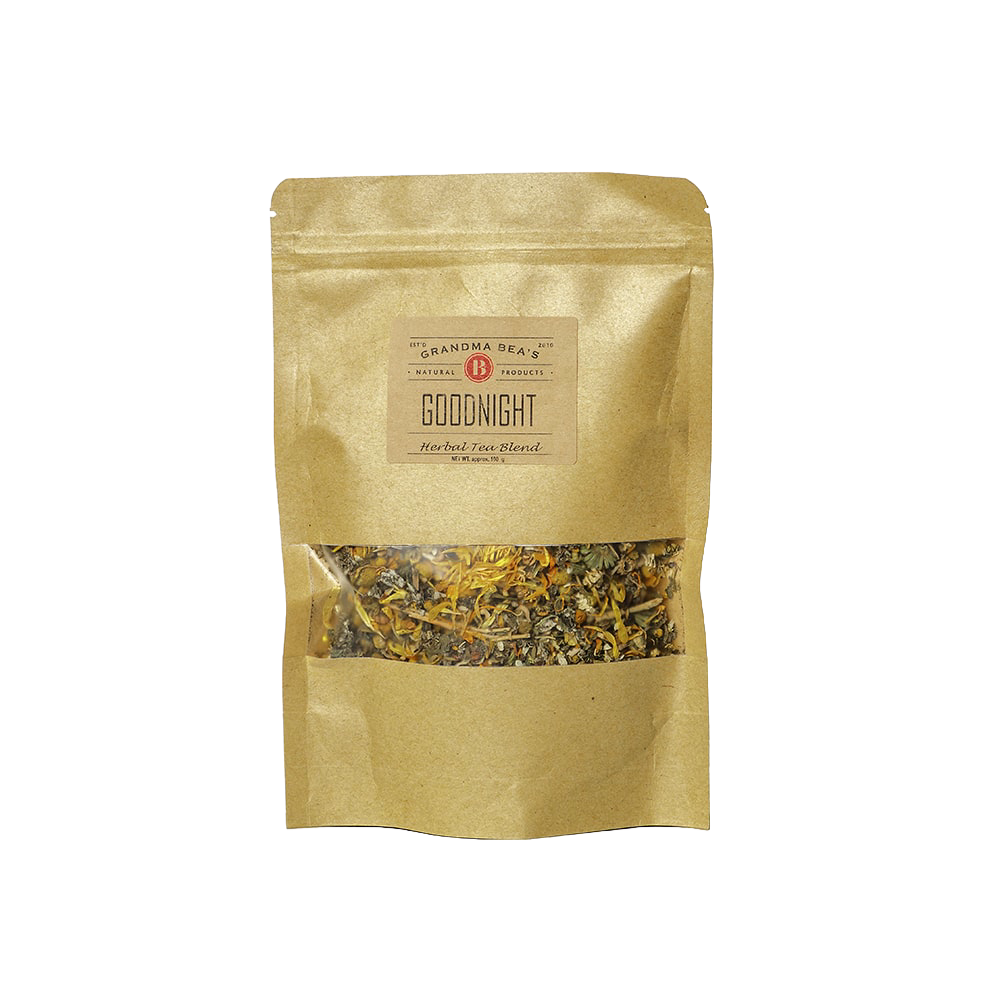 Resealable kraft paper pouch containing handcrafted Goodnight loose leaf herbal tea blend, made in USA, ideal for Kitchen & Food, Brewing Coffee and Tea, Best Sellers, and Promo Eligible collections.