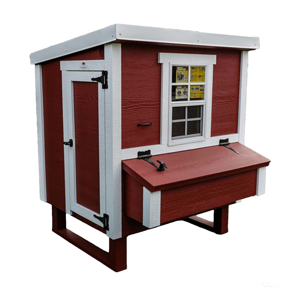 Handcrafted, heavy-duty chicken coop in red with white trim, featuring a secure side door, hinged nesting box, and window, ideal for Farm, Garden & Tool, Chicken Accessories, USA Made, Amish Made, Best Sellers collections.