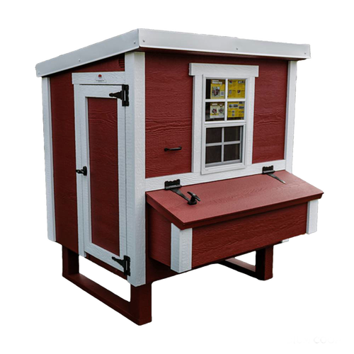 Handcrafted, heavy-duty chicken coop in red with white trim, featuring a secure side door, hinged nesting box, and window, ideal for Farm, Garden & Tool, Chicken Accessories, USA Made, Amish Made, Best Sellers collections.