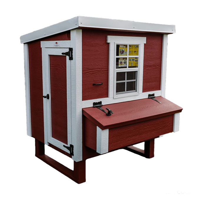 Handcrafted, heavy-duty chicken coop in red with white trim, featuring a secure side door, hinged nesting box, and window, ideal for Farm, Garden & Tool, Chicken Accessories, USA Made, Amish Made, Best Sellers collections.