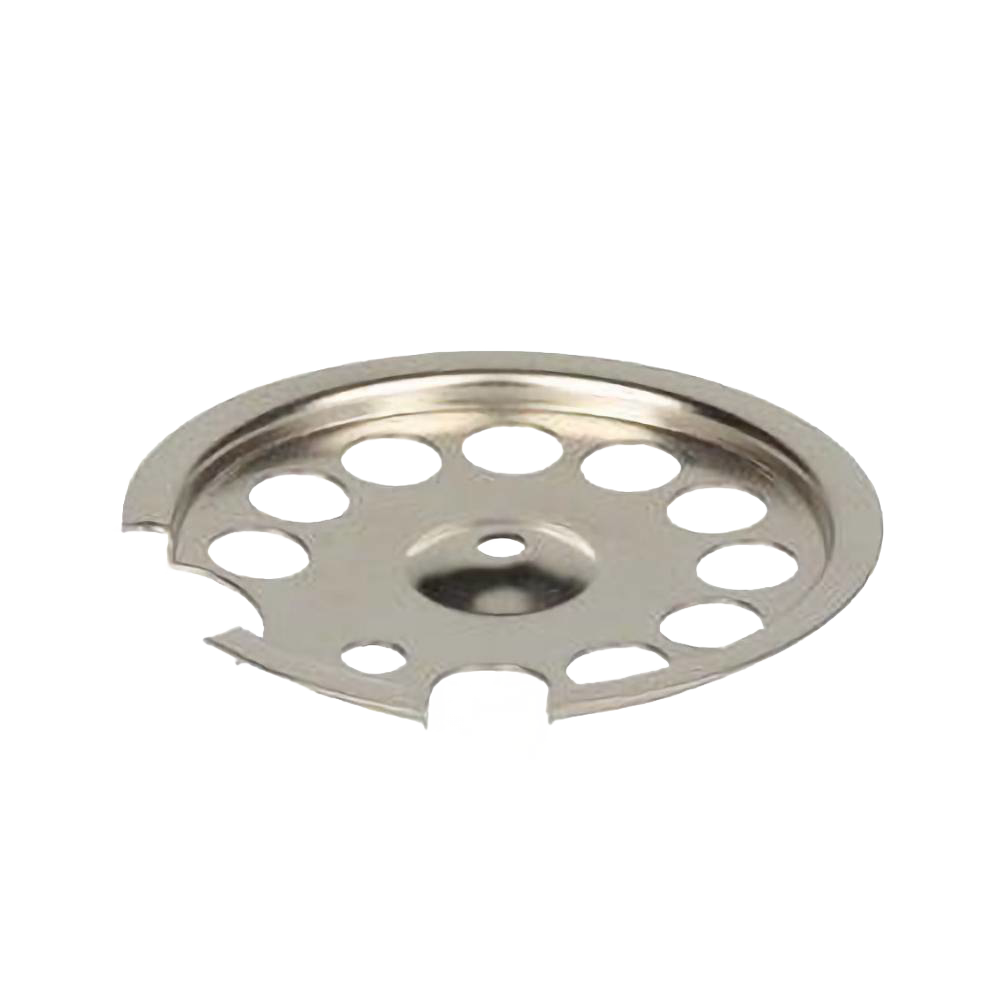 Handcrafted polished chrome central bottom plate with multiple circular cutouts, designed to connect tank and lantern frame, ideal for Lamps & Lighting and Parts and Accessories collections.