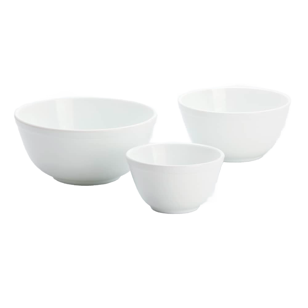 Set of three handcrafted white glass mixing bowls in small, medium, and large sizes, made in USA, perfect for Kitchen & Food, Cookware, Baking Supplies, Dinnerware, and Best Sellers collections.