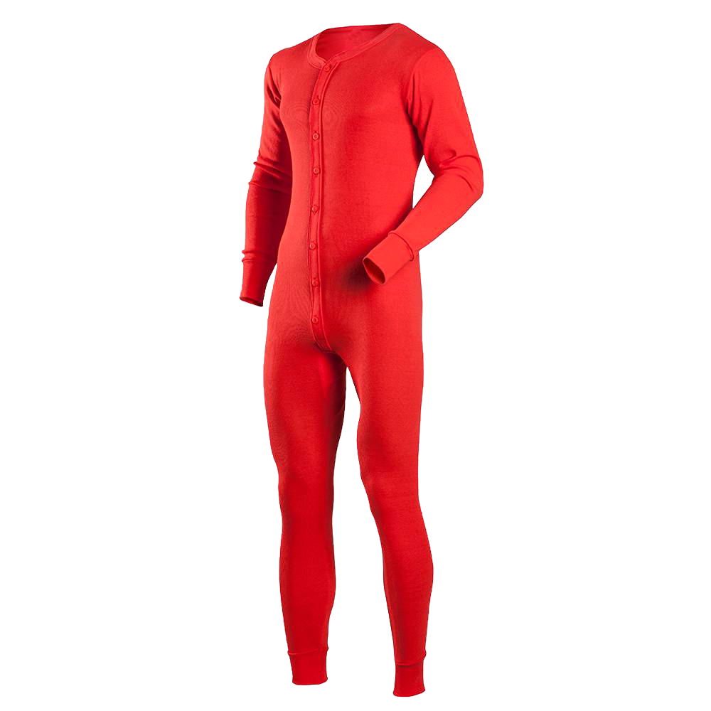 Handcrafted men's classic union suit in bright red, made from 100% cotton thermals with a smooth 1x1 rib knit and full button front, featured in Health & Wellness and Clothing & Accessories collections.