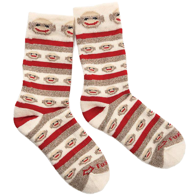 Pair of warm women's socks made from a merino wool blend featuring playful sock monkey faces and red and brown stripes, perfect for Health & Wellness and Clothing and Accessories collections.