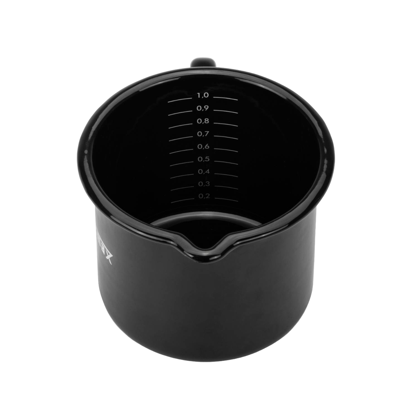 Lightweight black enameled steel milk pot with clear volume markings and precise pour spout, designed for durable outdoor cooking in camping, kitchen, and cookware collections.