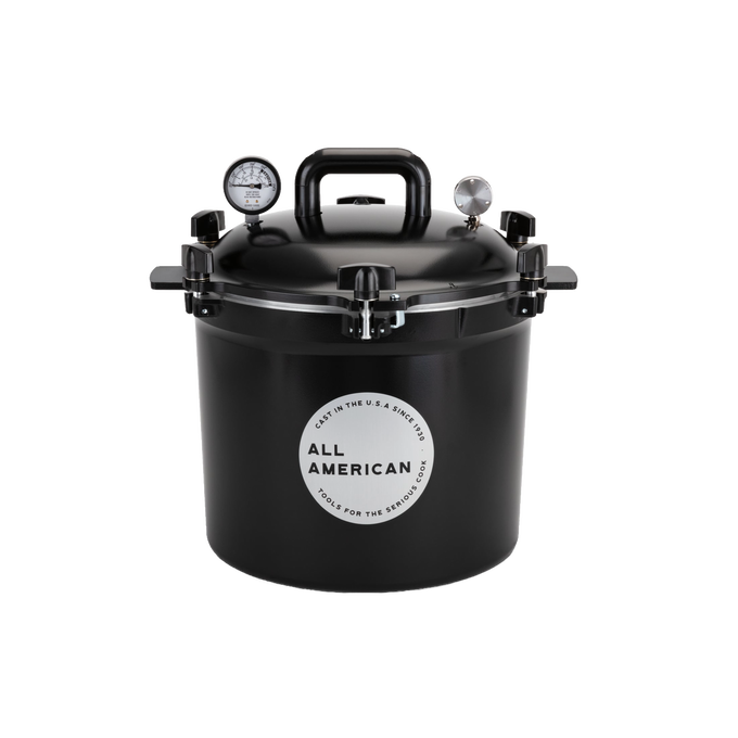 Matte black 21.5-quart pressure canner with secure locking lid, built-in pressure gauge, and sturdy handle, handcrafted in USA for Kitchen & Food, Food Preservation, Canning, Pressure Canners, and USA Made collections.