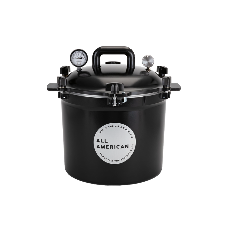 Matte black 21.5-quart pressure canner with secure locking lid, built-in pressure gauge, and sturdy handle, handcrafted in USA for Kitchen & Food, Food Preservation, Canning, Pressure Canners, and USA Made collections.