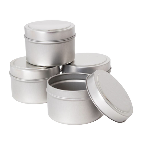 Set of four handcrafted matte silver metal tins with removable lids, designed for use in lamps & lighting, candlemaking supplies, and best sellers collections.