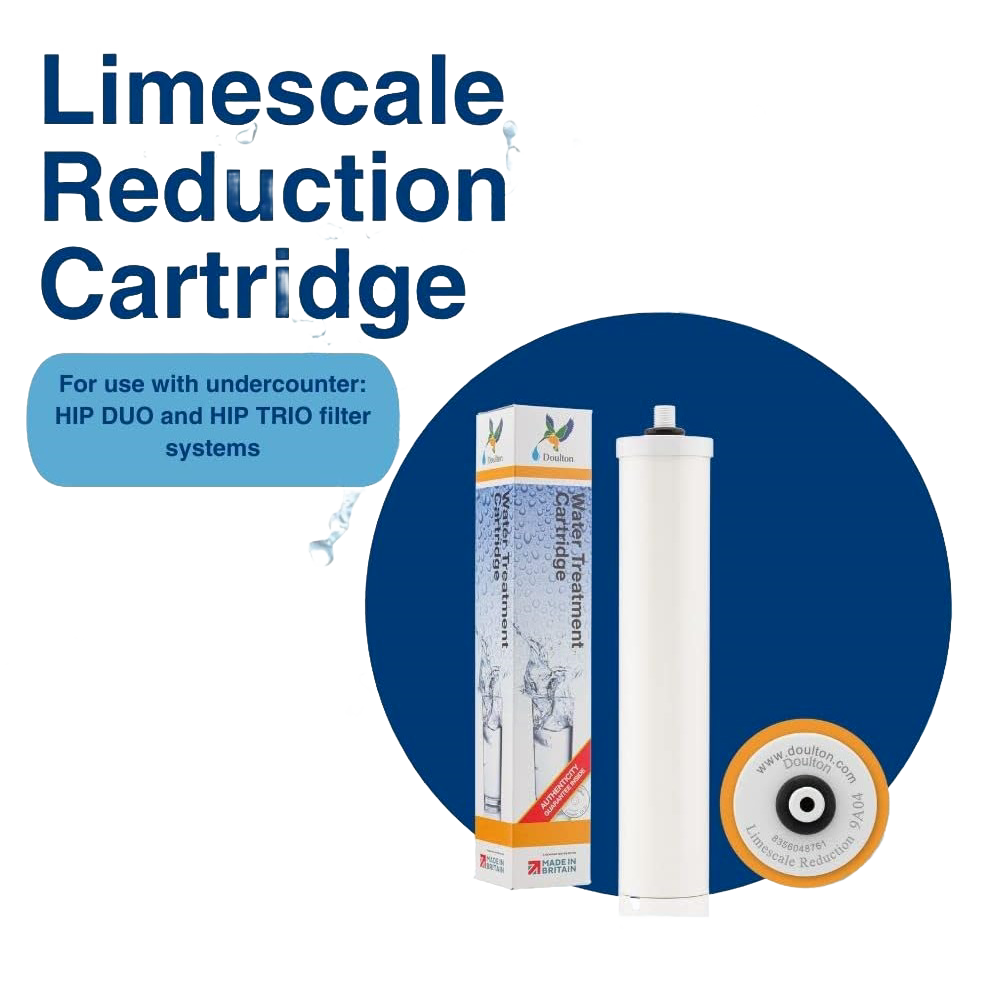 White cylindrical limescale reduction cartridge compatible with DUO and TRIO undercounter water filtration systems, shown with branded packaging, featured in Appliances, Water Heating and Treatment, Best Sellers, Promo Eligible, and Doulton & British Berkefeld Water Filters collections.