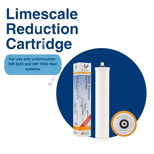 White cylindrical limescale reduction cartridge compatible with DUO and TRIO undercounter water filtration systems, shown with branded packaging, featured in Appliances, Water Heating and Treatment, Best Sellers, Promo Eligible, and Doulton & British Berkefeld Water Filters collections.