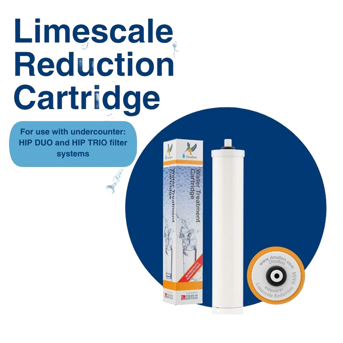 White cylindrical limescale reduction cartridge compatible with DUO and TRIO undercounter water filtration systems, shown with branded packaging, featured in Appliances, Water Heating and Treatment, Best Sellers, Promo Eligible, and Doulton & British Berkefeld Water Filters collections.