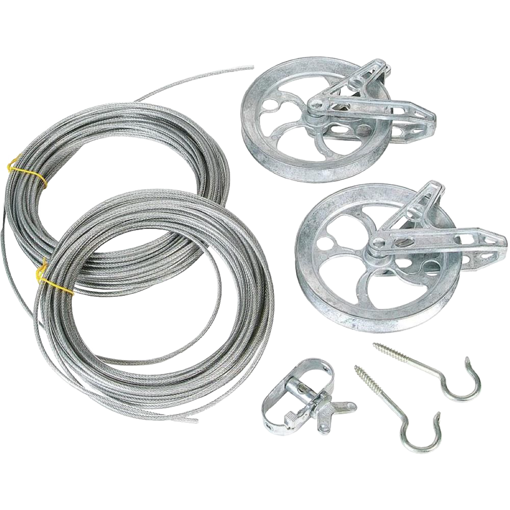 Handcrafted clothesline kit with plastic-coated stranded wire cable, two rust-resistant zinc pulleys, hooks, and fasteners, ideal for Home & Decor, Laundry Supplies, Clothesline Accessories, Best Sellers, and Promo Eligible collections.