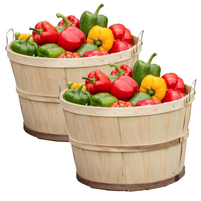 Two handcrafted poplar wood bushel baskets filled with red, green, and yellow bell peppers, ideal for Farm, Garden & Tool, Garden Accessories, USA Made, and Best Sellers collections.
