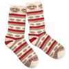 Pair of small children's socks patterned with playful sock monkey faces and red and brown stripes, made in USA from a warm merino wool blend, perfect for Health & Wellness and Clothing collections.