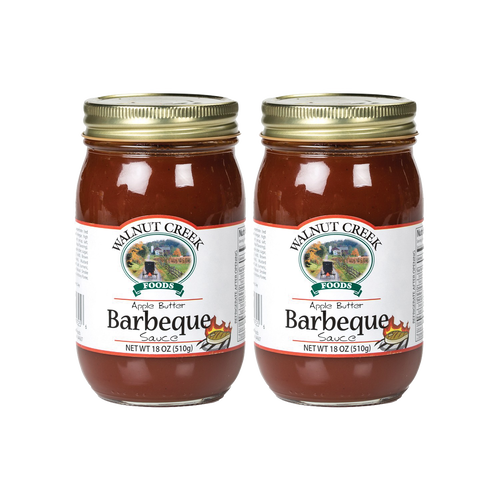 Pair of handcrafted glass jars with gold metal lids containing apple butter barbeque sauce, made in USA, featured in Farm, Garden & Tool, Kitchen & Food, Apple Harvest Supplies, Food, Pantry, USA Made, Best Sellers, and Promo Eligible collections.