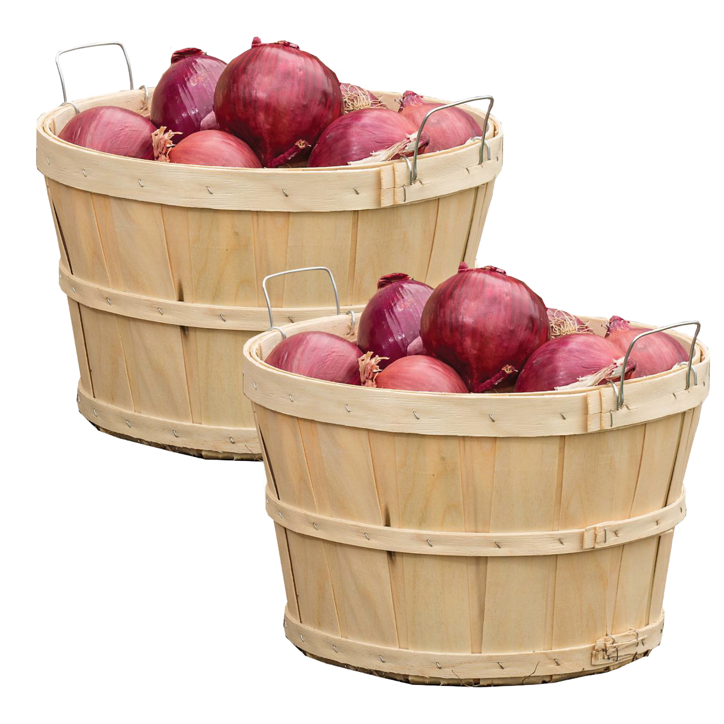 Handcrafted raw poplar wood half bushel baskets with metal wire handles filled with red onions, ideal for Farm, Garden & Tool, Garden Accessories, USA Made, Best Sellers, Promo Eligible collections.