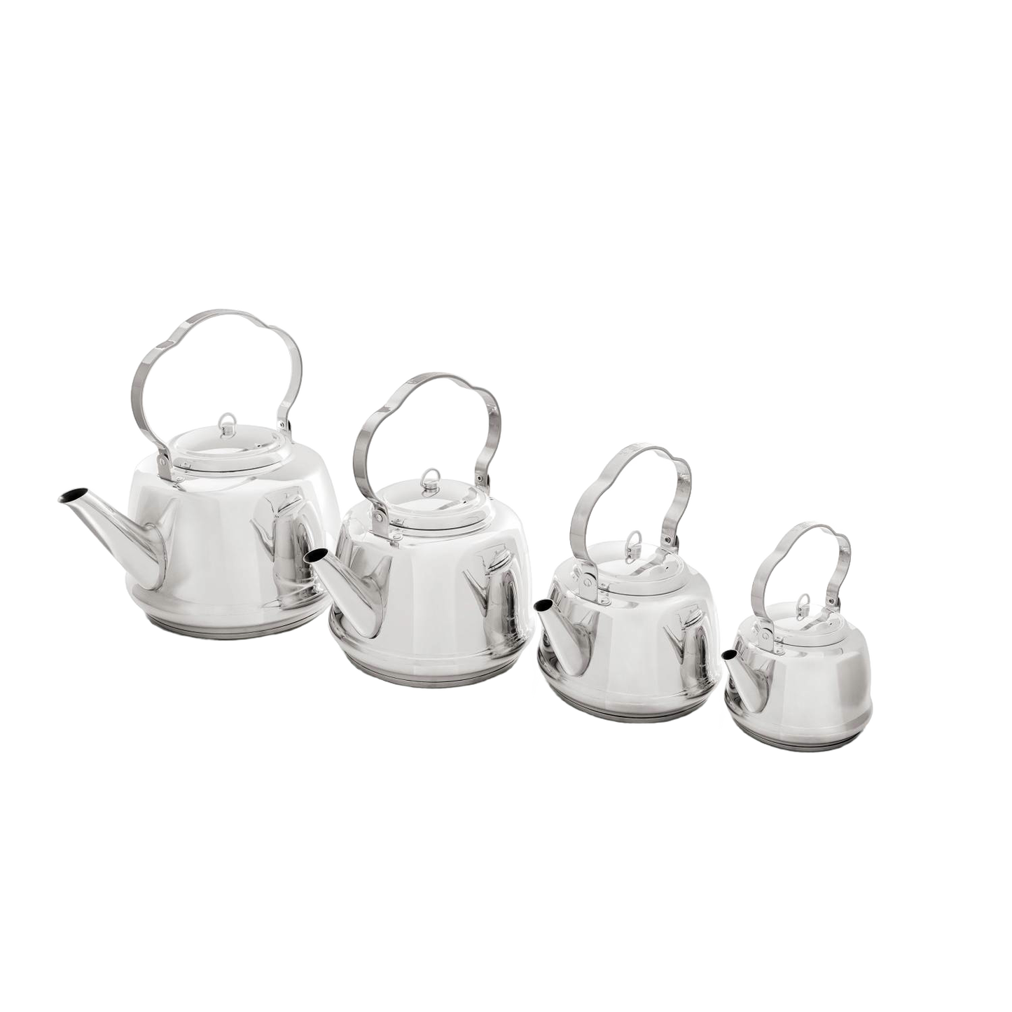 Set of four polished stainless steel teakettles with curved handles, designed for quick boiling on campfires or stovetops, featured in Farm, Garden & Tool and Camping collections.