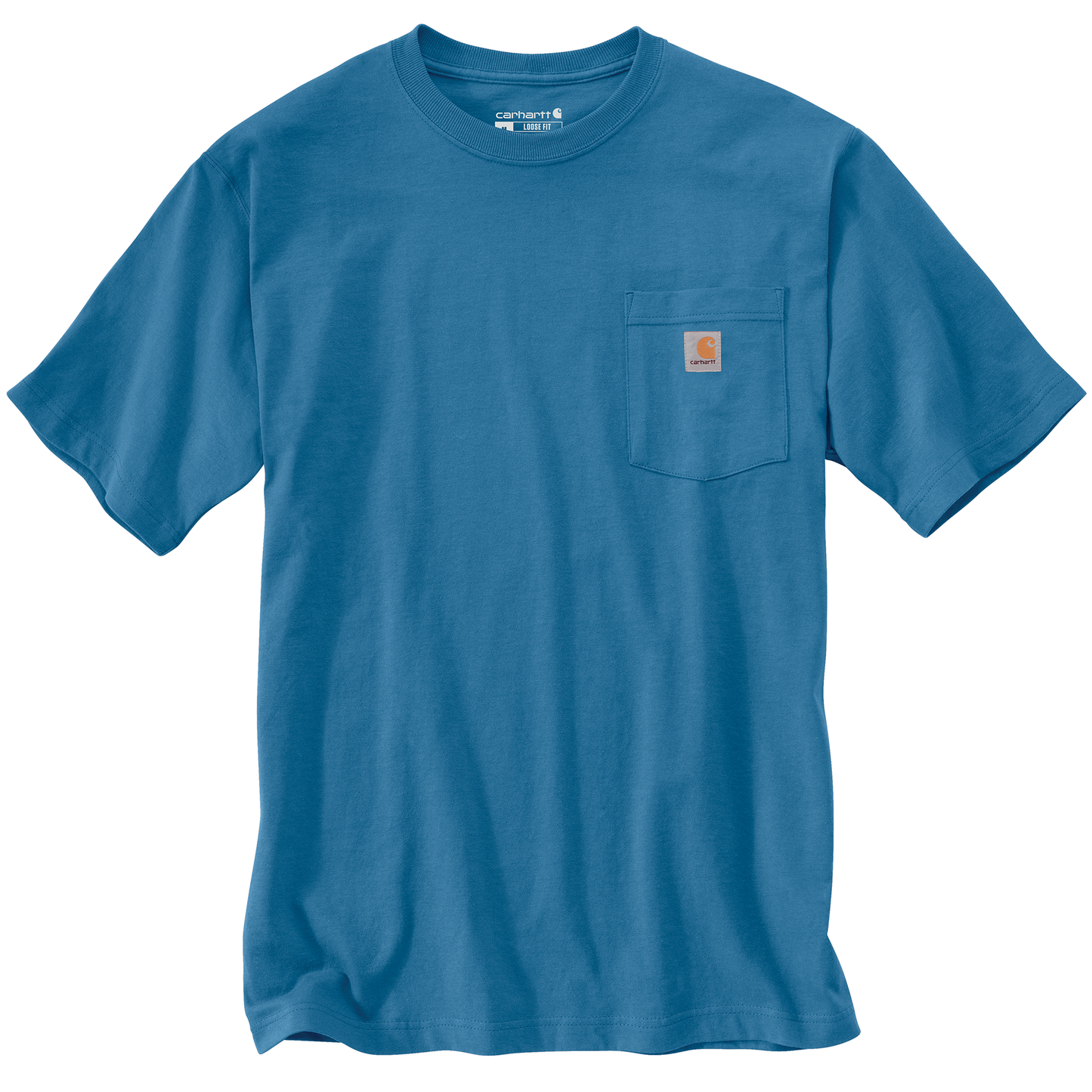 Handcrafted heavyweight cotton short-sleeve pocket tee in denim blue with rib-knit crewneck and side-seam construction, featured in Health & Wellness, Clothing and Accessories, Best Sellers, and Promo Eligible collections.