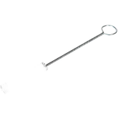 Stainless steel hydrometer test cup brush with twisted wire handle and round loop grip, designed for cleaning precision maple syrup testing equipment in farm and orchard settings.