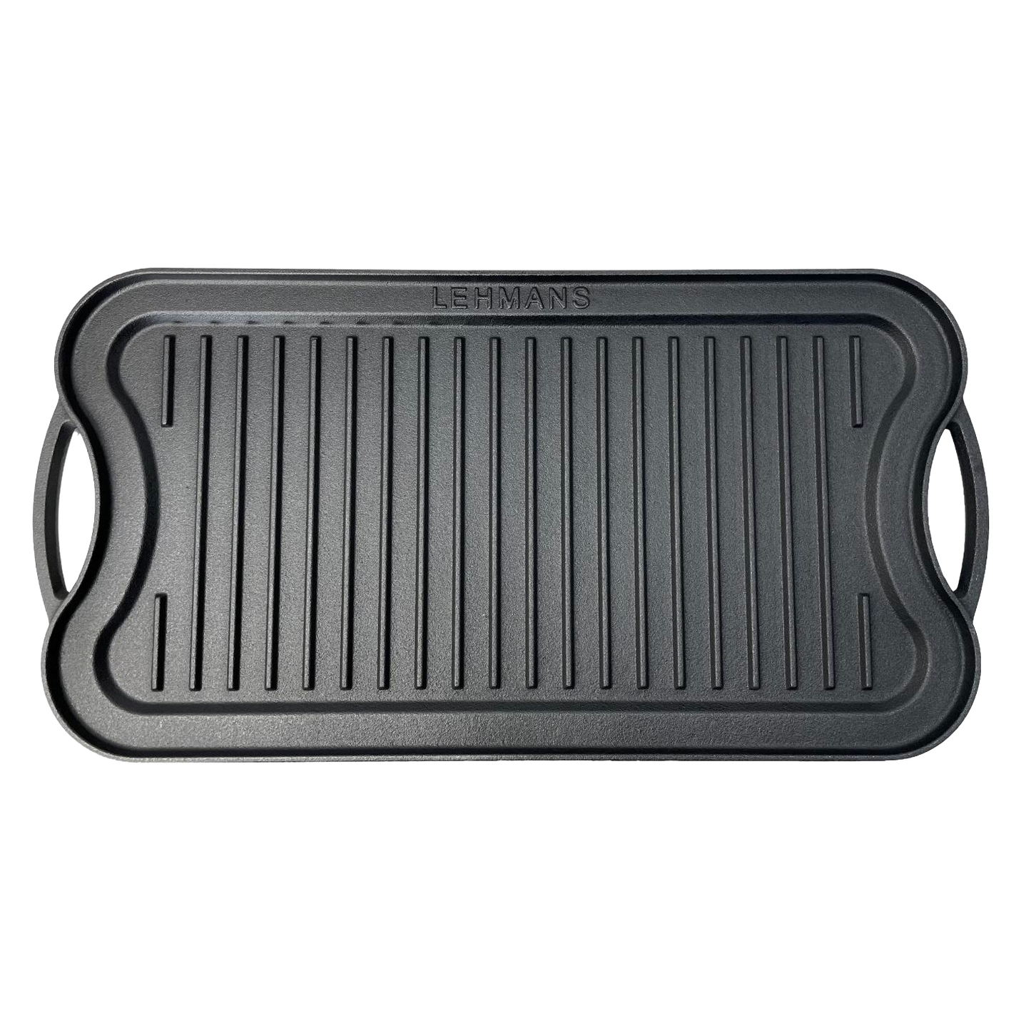 Handcrafted nitrogen hardened cast iron griddle with ribbed surface and ergonomic handles, designed for grilling in Kitchen & Food, Cookware, Cast Iron, and Stoves collections.