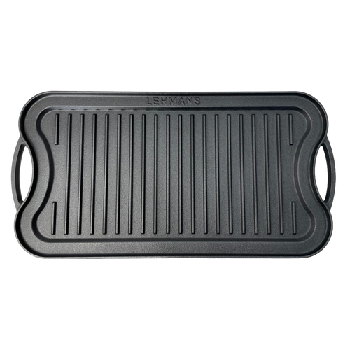 Handcrafted nitrogen hardened cast iron griddle with ribbed surface and ergonomic handles, designed for grilling in Kitchen & Food, Cookware, Cast Iron, and Stoves collections.
