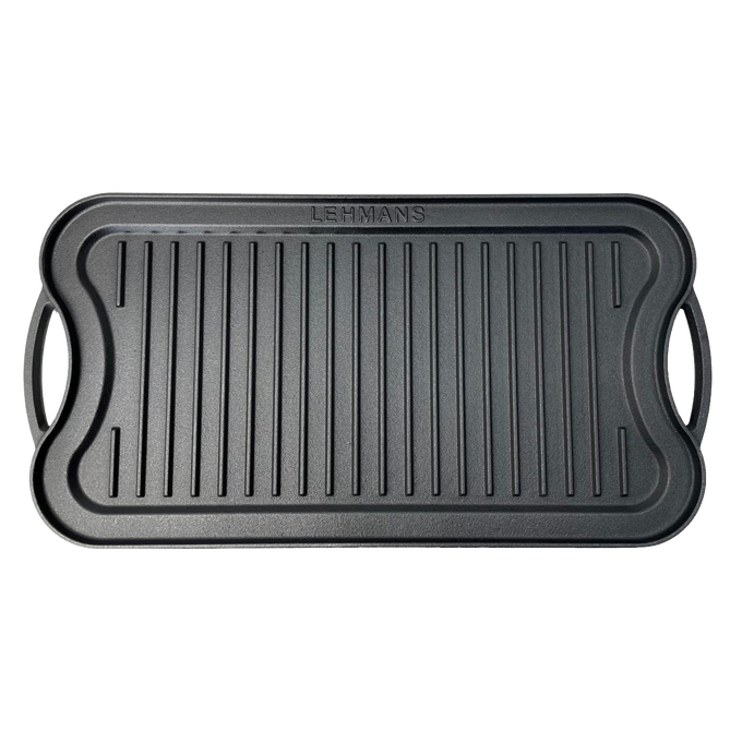 Handcrafted nitrogen hardened cast iron griddle with ribbed surface and ergonomic handles, designed for grilling in Kitchen & Food, Cookware, Cast Iron, and Stoves collections.