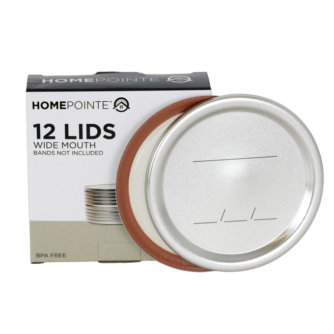 Box of twelve wide-mouth stainless steel canning jar lids with BPA-free sealing compound and date markings, designed for airtight preservation in Kitchen & Food, Food Preservation, Canning, and Best Sellers collections.