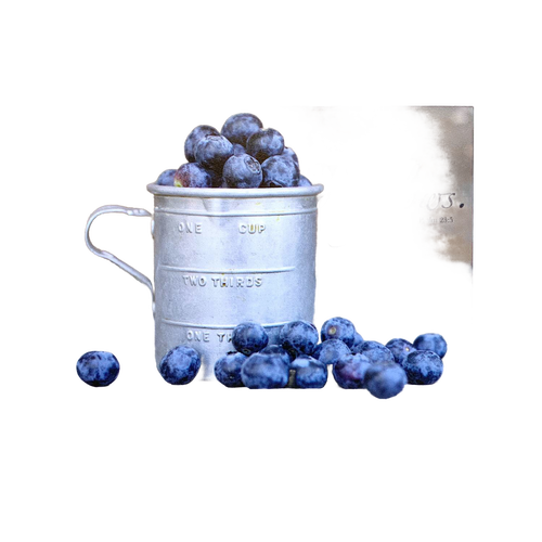Handcrafted 5"x7" plaque featuring a rustic metal measuring cup filled with fresh blueberries and a partial Bible verse from Psalm 23:5, ideal for Home & Decor and Best Sellers collections.