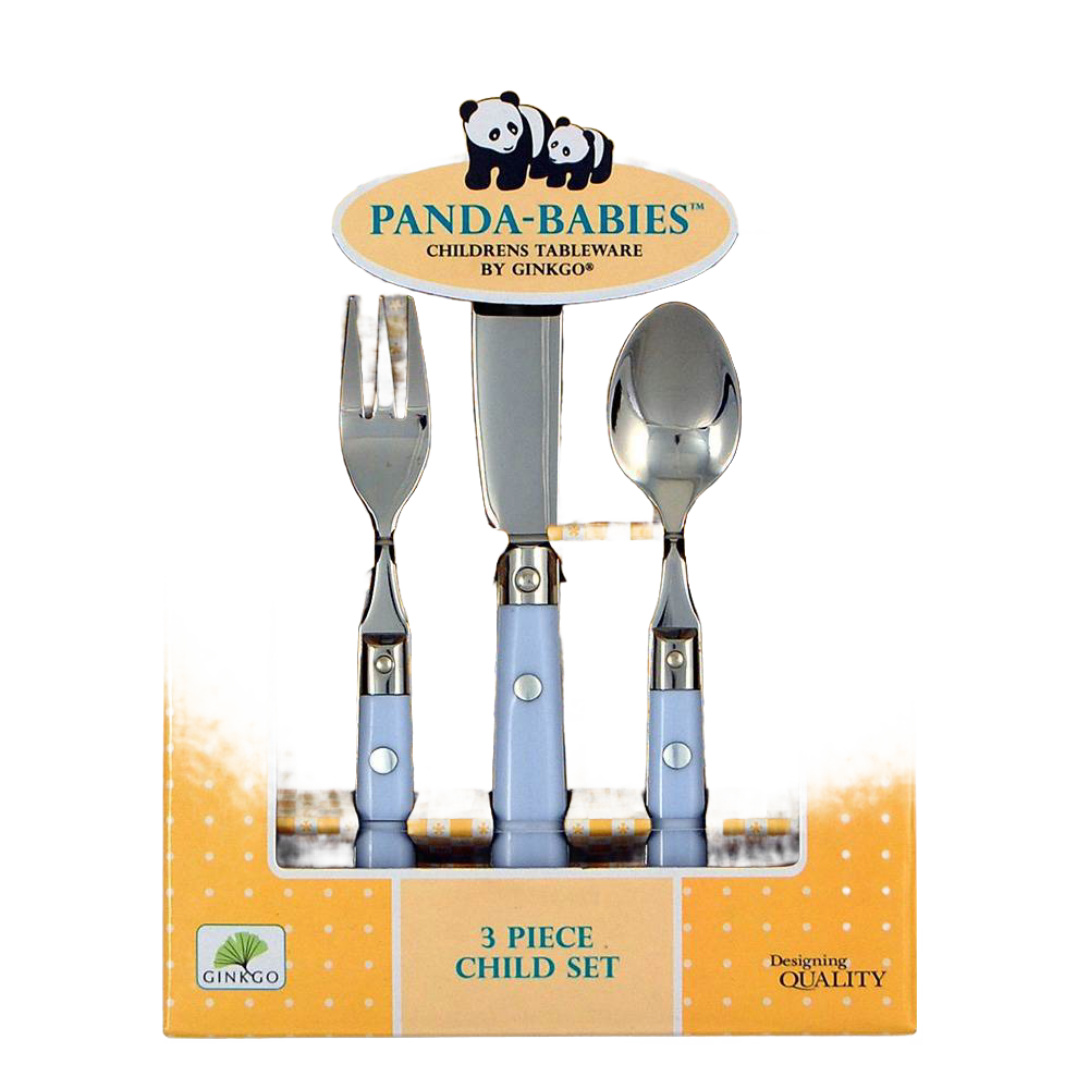 Three-piece children’s flatware set with stainless steel fork, spoon, and soft-edge knife featuring blue handles, designed for little hands, ideal for Kitchen & Food and Dinnerware collections.