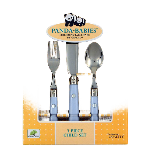 Three-piece children’s flatware set with stainless steel fork, spoon, and soft-edge knife featuring blue handles, designed for little hands, ideal for Kitchen & Food and Dinnerware collections.