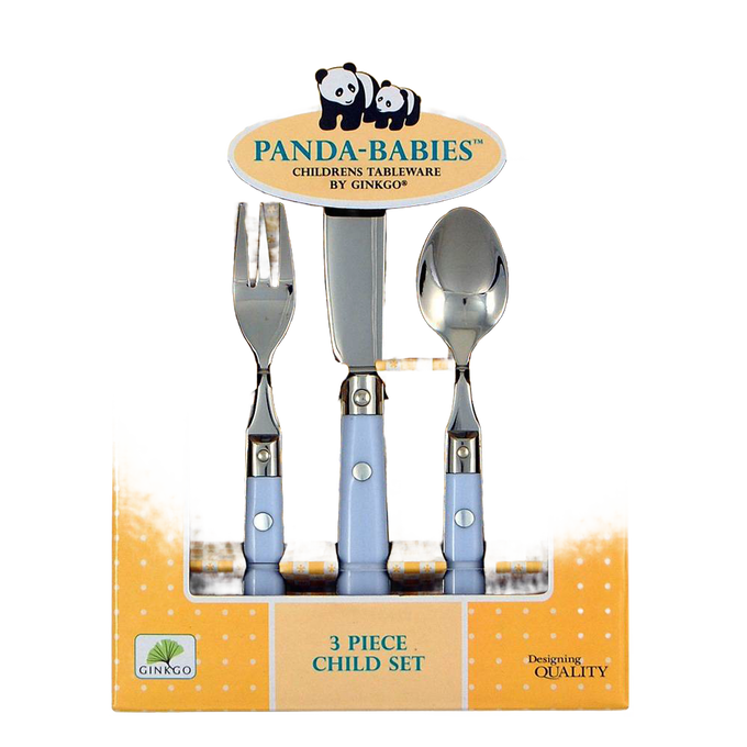 Three-piece children’s flatware set with stainless steel fork, spoon, and soft-edge knife featuring blue handles, designed for little hands, ideal for Kitchen & Food and Dinnerware collections.