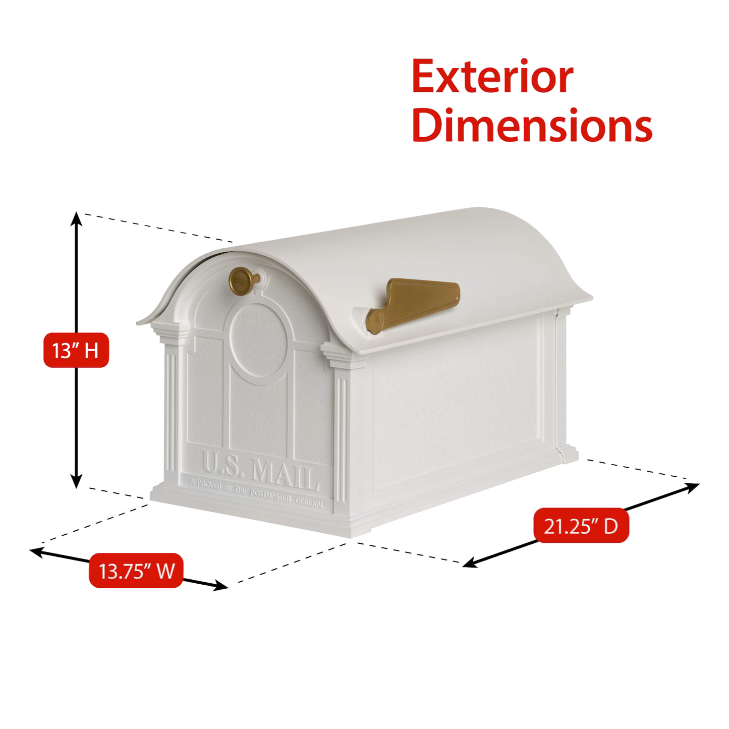 White and gold mailbox with curved top and traditional design, handcrafted in USA, measuring 13 inches high, 13.75 inches wide, and 21.25 inches deep, ideal for Home & Decor and Mailboxes and Address Signs collections.