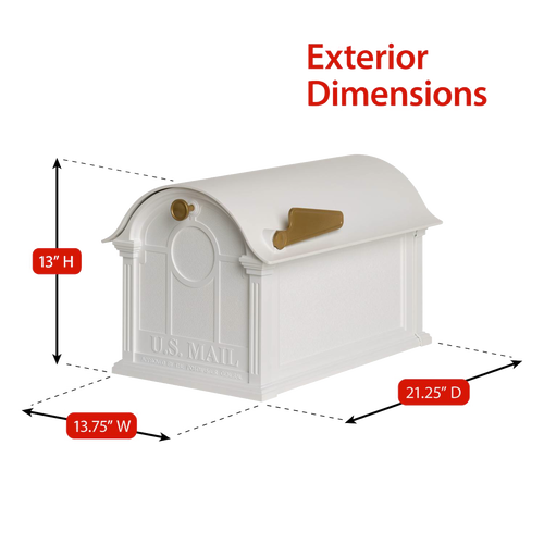 White and gold mailbox with curved top and traditional design, handcrafted in USA, measuring 13 inches high, 13.75 inches wide, and 21.25 inches deep, ideal for Home & Decor and Mailboxes and Address Signs collections.
