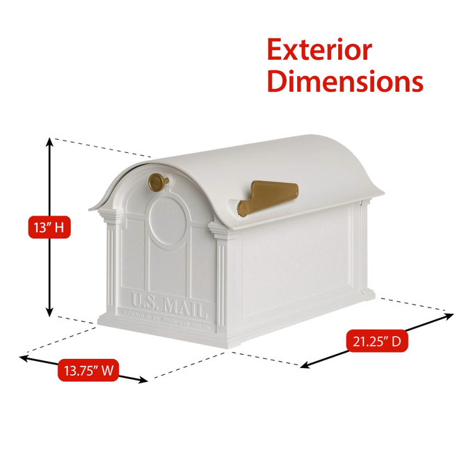 White and gold mailbox with curved top and traditional design, handcrafted in USA, measuring 13 inches high, 13.75 inches wide, and 21.25 inches deep, ideal for Home & Decor and Mailboxes and Address Signs collections.