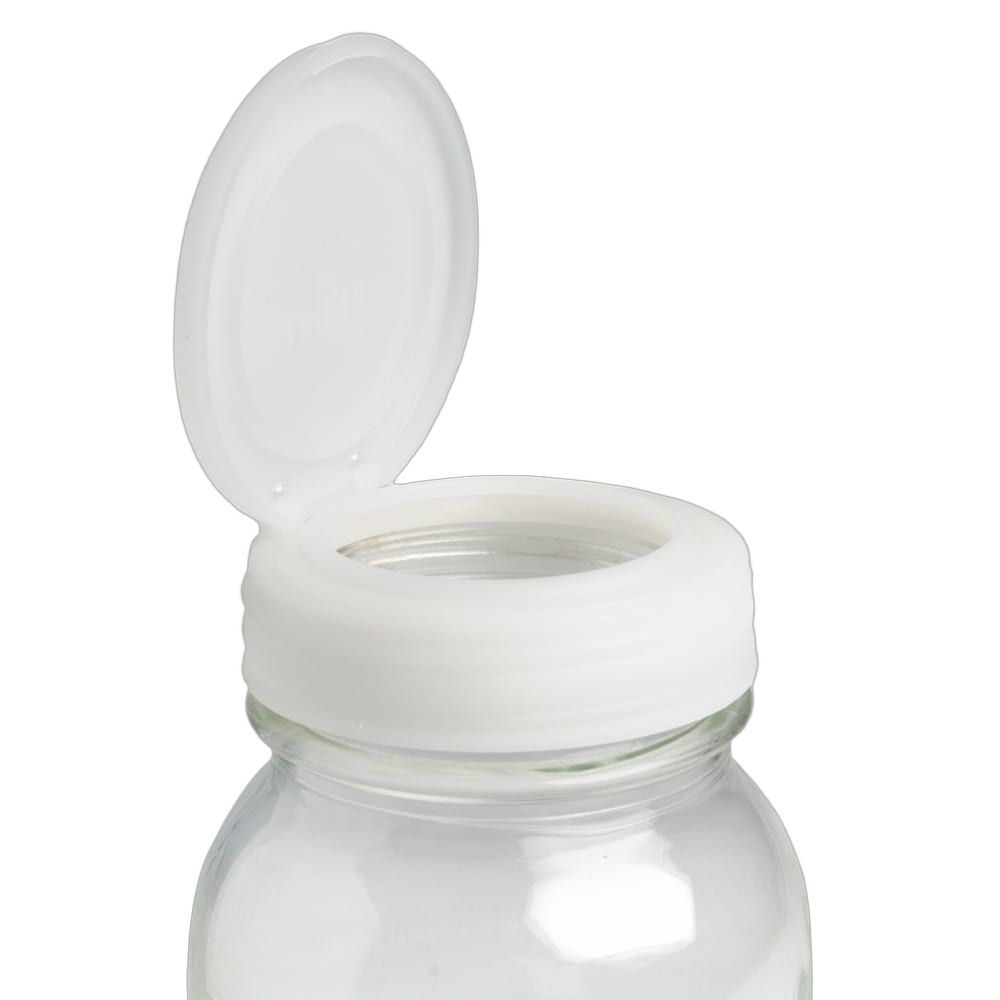 Handcrafted white flip top lid opened on a clear glass jar, made in USA, perfect for kitchen gadgets, storage, and Household Helpers in Home & Decor and Kitchen Accessories collections.