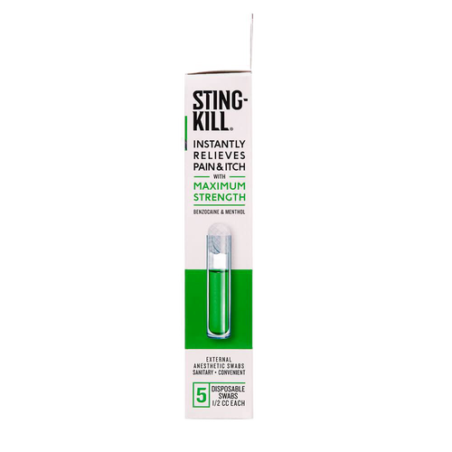Slim white and green box of disposable anesthetic swabs containing benzocaine and menthol, designed to quickly relieve sting pain and itching, made in USA, ideal for Health & Wellness, Camping, and Pest Control collections.